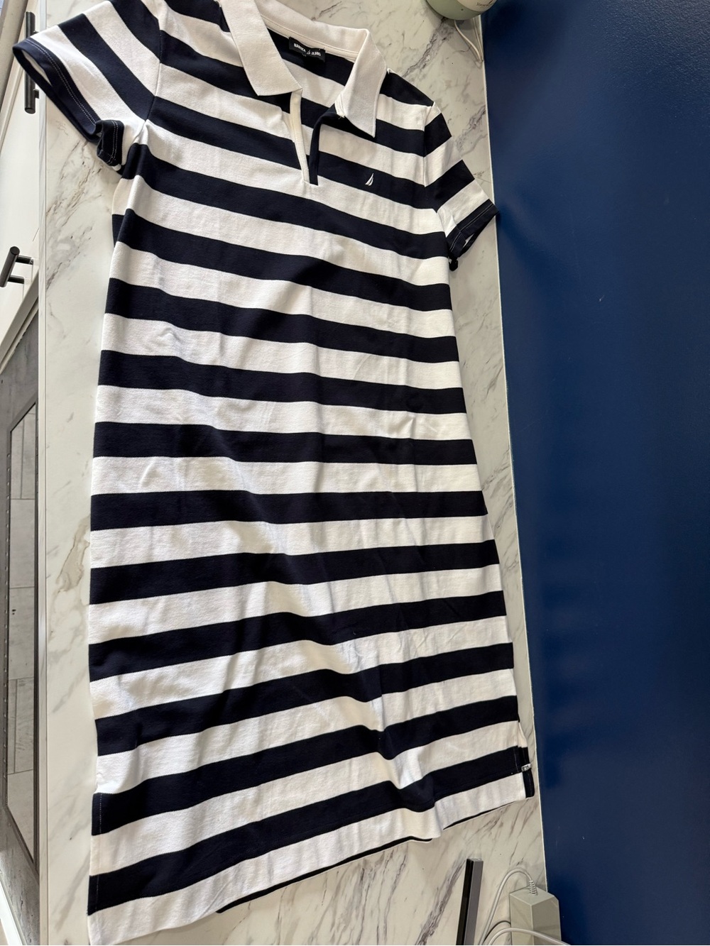 Nautica Jeans Navy and White Striped Polo Top